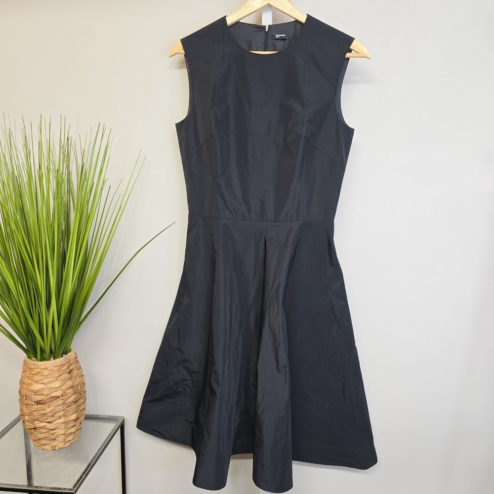 Jil Sander Navy Black Sleeveless Fit and Flare Midi Dress with Pockets